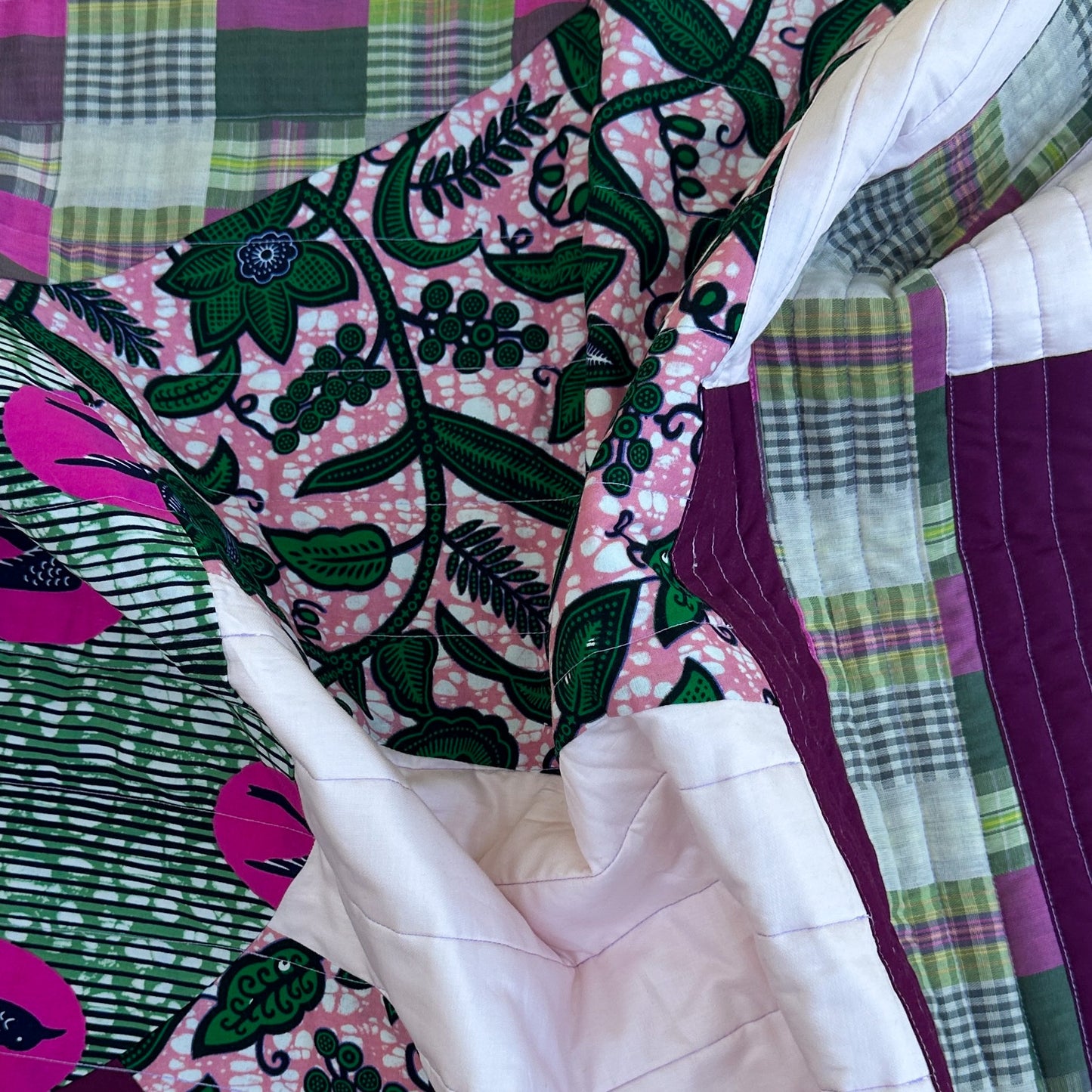Abundance Baby Quilt - Pink, Green + Plaid Birds