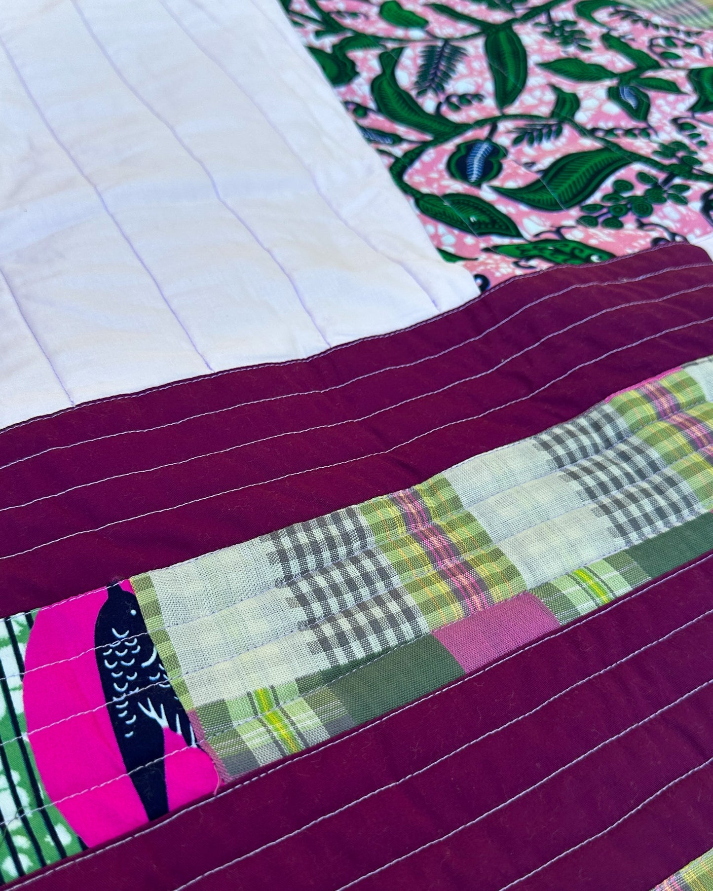Abundance Baby Quilt - Pink, Green + Plaid Birds
